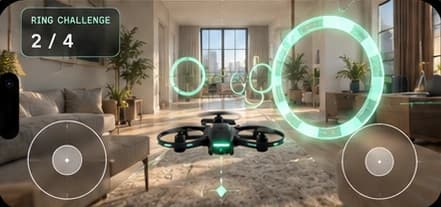 Illustrative AirPilot preview showing a virtual drone, ring progress and two thumb controls.