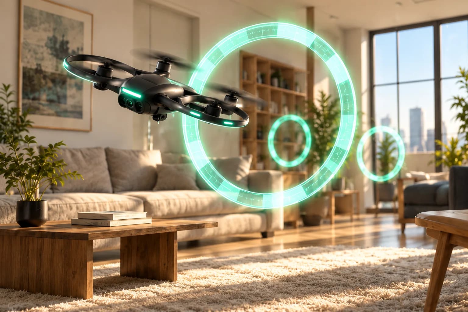Illustration of a virtual drone flying through glowing rings in a sunlit living room.