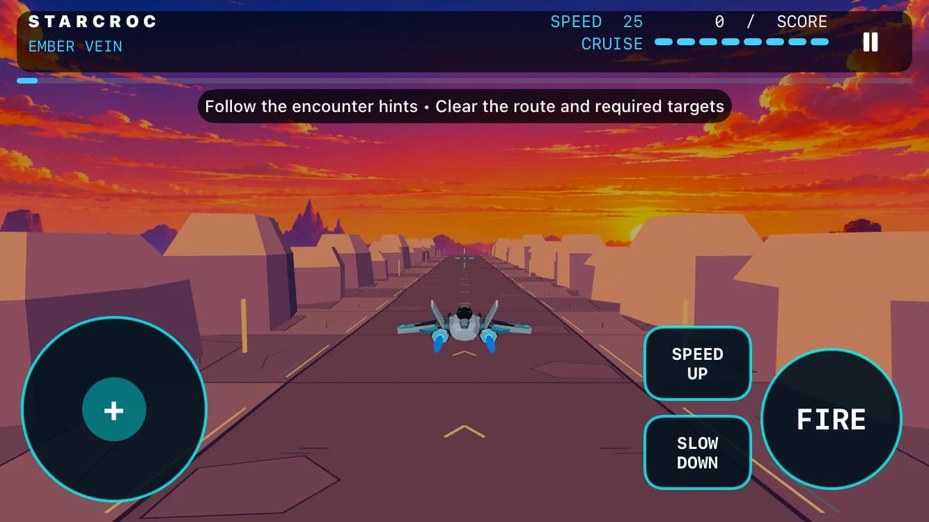 StarCroc gameplay in Ember Vein: a starfighter flies through a canyon, with steering, speed and fire controls on screen.