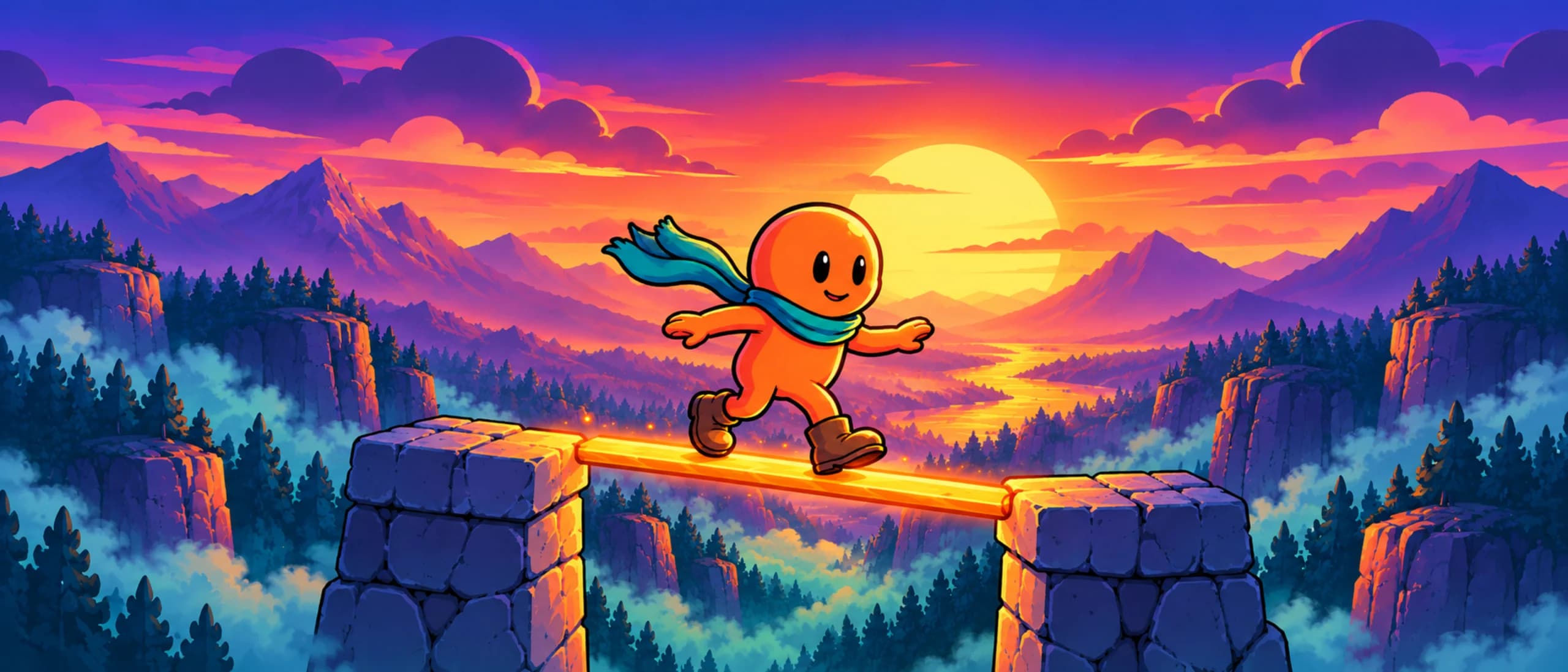 Tiny Bridge’s orange adventurer with a teal scarf crossing a glowing golden bridge above a mountain valley at sunset.
